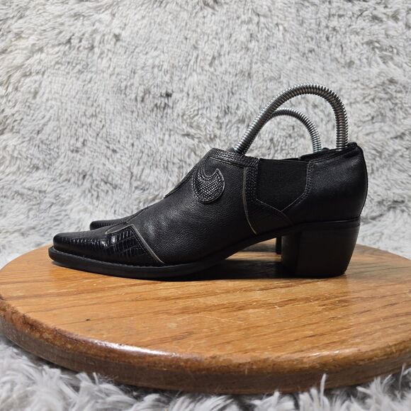 Franco Sarto Women Size 5.5M Black Leather Western Pointy Toe Heeled Ankle Boots - Picture 2 of 10